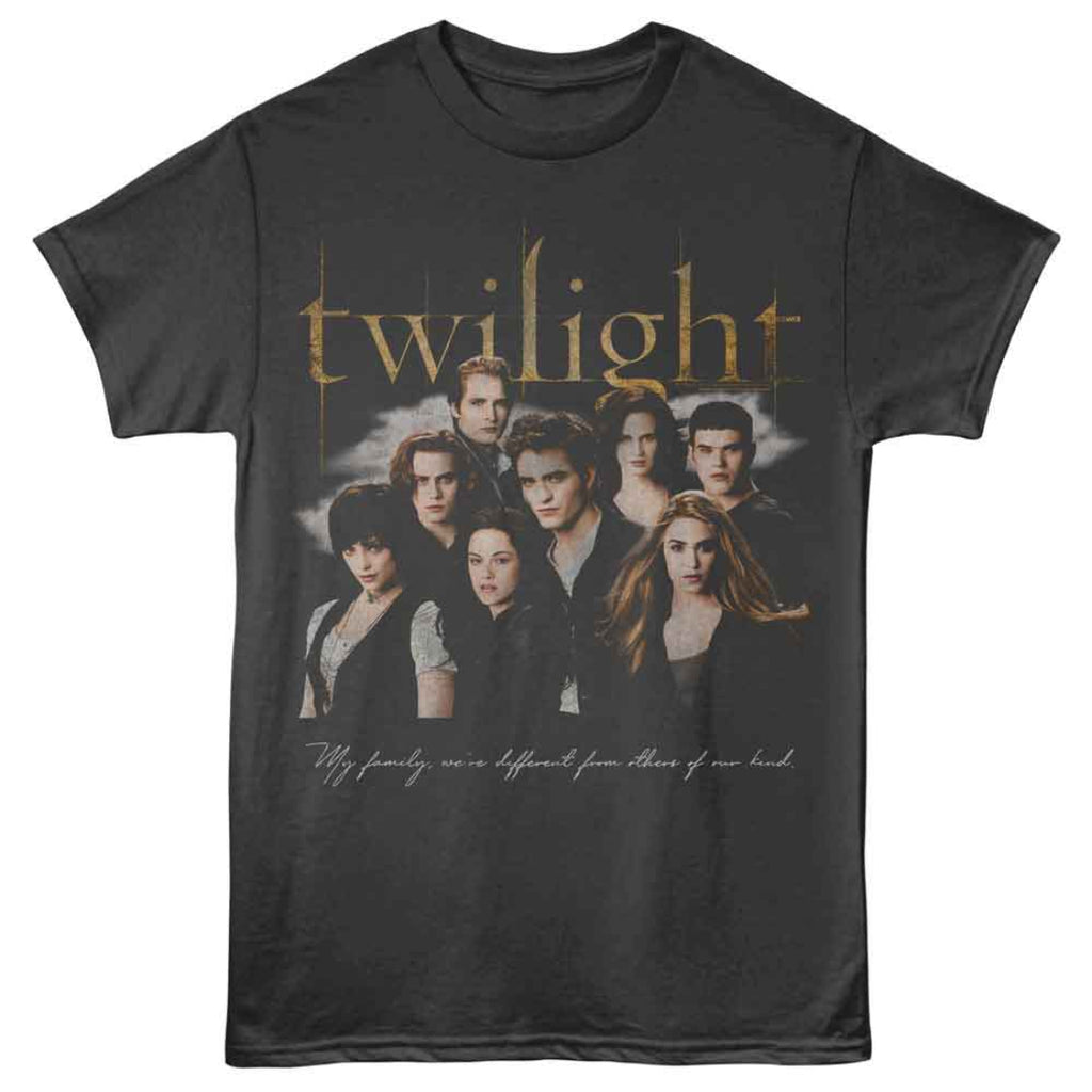 Black t-shirt with 'Twilight' movie poster design featuring characters and text.