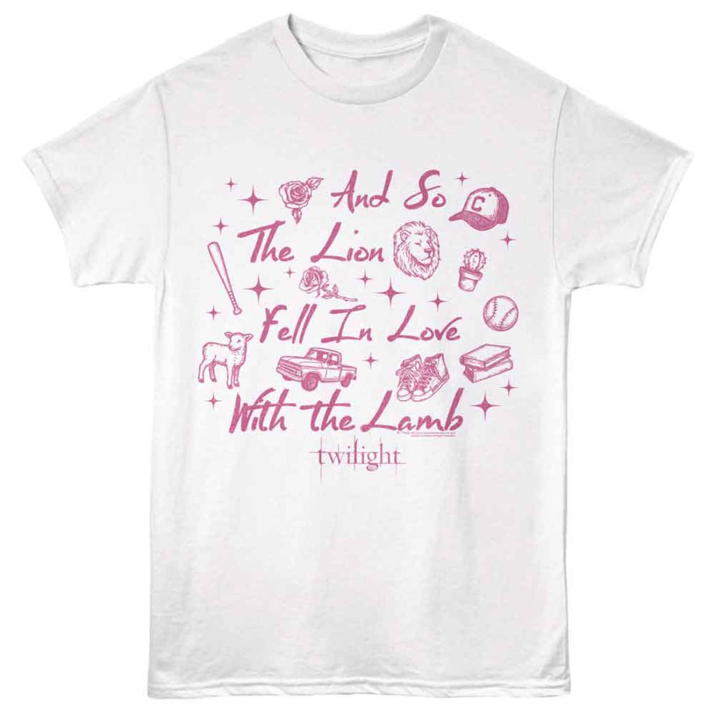 White t-shirt with pink 'Twilight' text and graphics on a white background