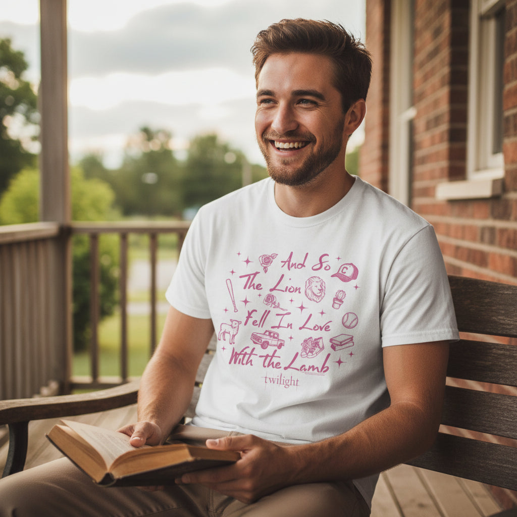 Man wearing White t-shirt with pink 'Twilight'-themed design on a white background TWI5140S, TWI5140M, TWI5140L, TWI5140XL, TWI5140XXL, TWI5140XXXL, TWI5140XXXXL, TWI5140XXXXXL