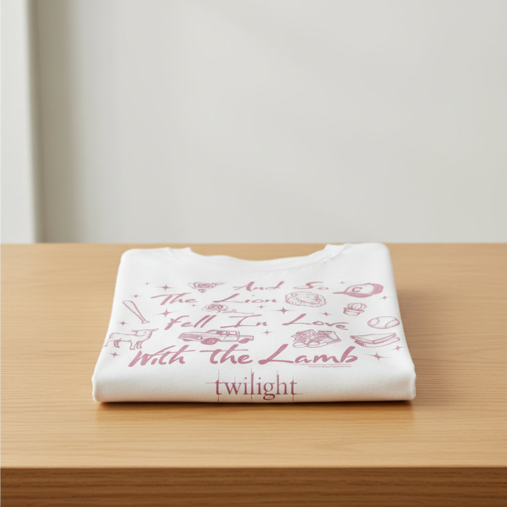 White t-shirt with pink text and graphics on a white background folded on a table. TWI5140S, TWI5140M, TWI5140L, TWI5140XL, TWI5140XXL, TWI5140XXXL, TWI5140XXXXL, TWI5140XXXXXL
