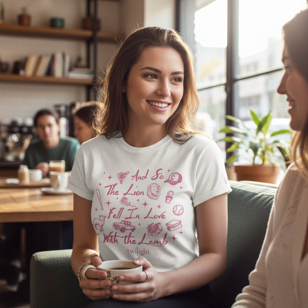 Woman wearing White t-shirt with pink 'Twilight'-themed design on a white background TWI5140S, TWI5140M, TWI5140L, TWI5140XL, TWI5140XXL, TWI5140XXXL, TWI5140XXXXL, TWI5140XXXXXL