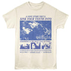 Beige t-shirt with blue 'Twilight' movie graphic design on a white background