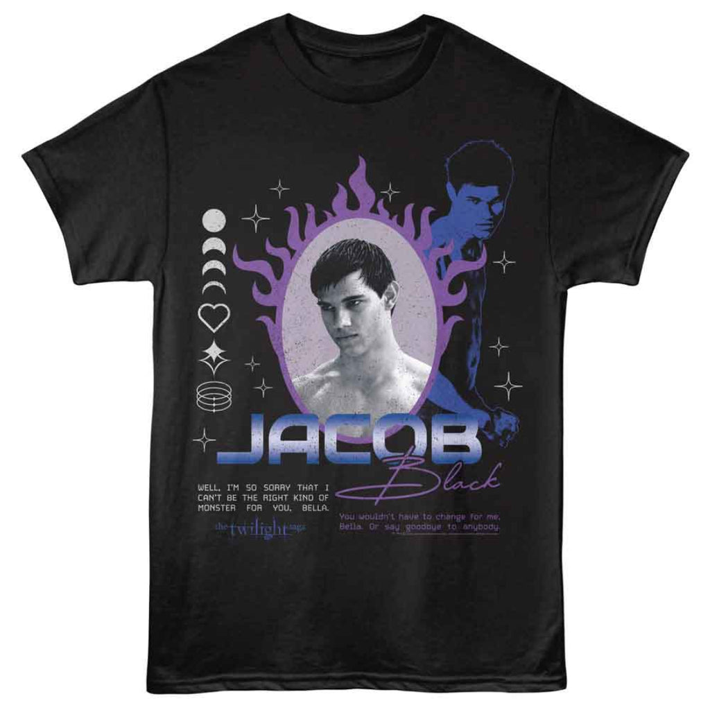 Black t-shirt with 'Jacob Black' design featuring a portrait and flames on a white background