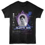 Black t-shirt with 'Jacob Black' design featuring a portrait and flames on a white background