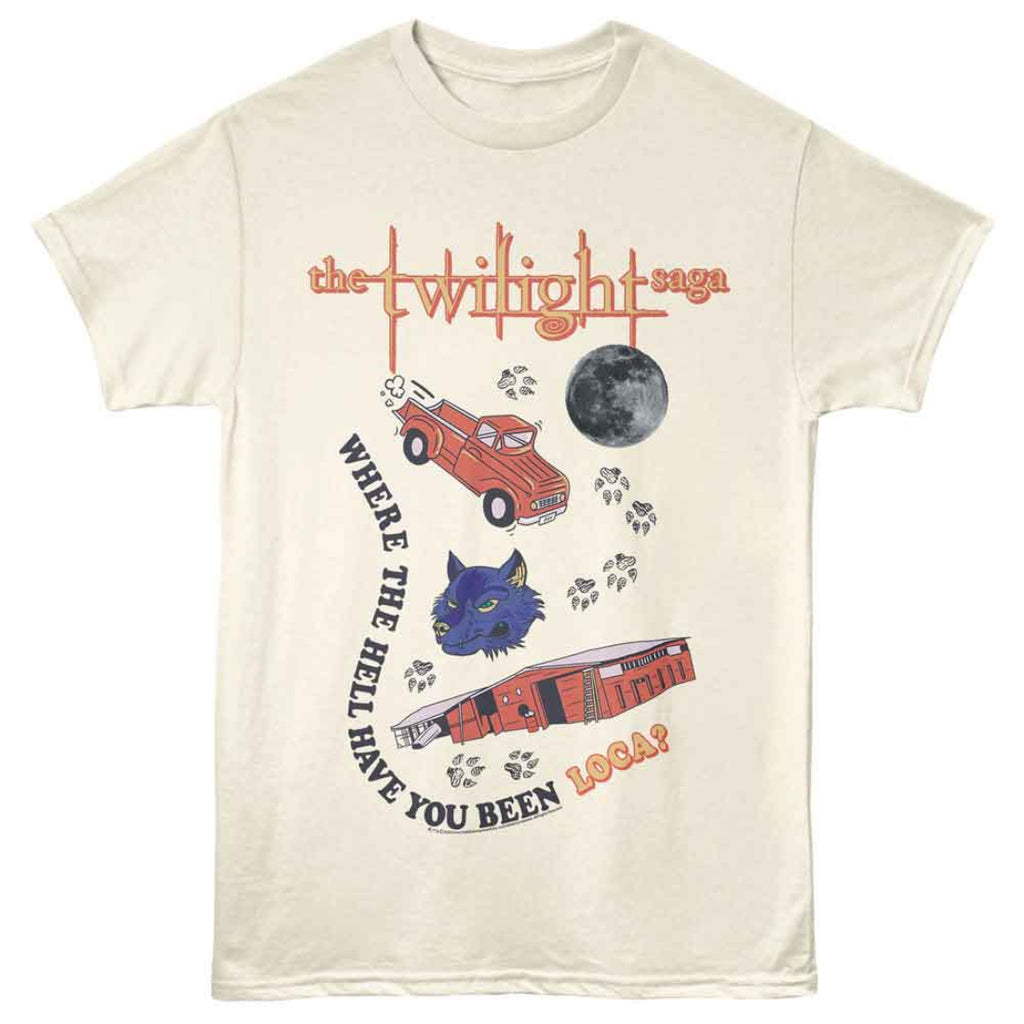 Beige t-shirt with 'Twilight Saga' graphic design featuring a truck, moon, and cat.