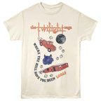 Beige t-shirt with 'Twilight Saga' graphic design featuring a truck, moon, and cat.