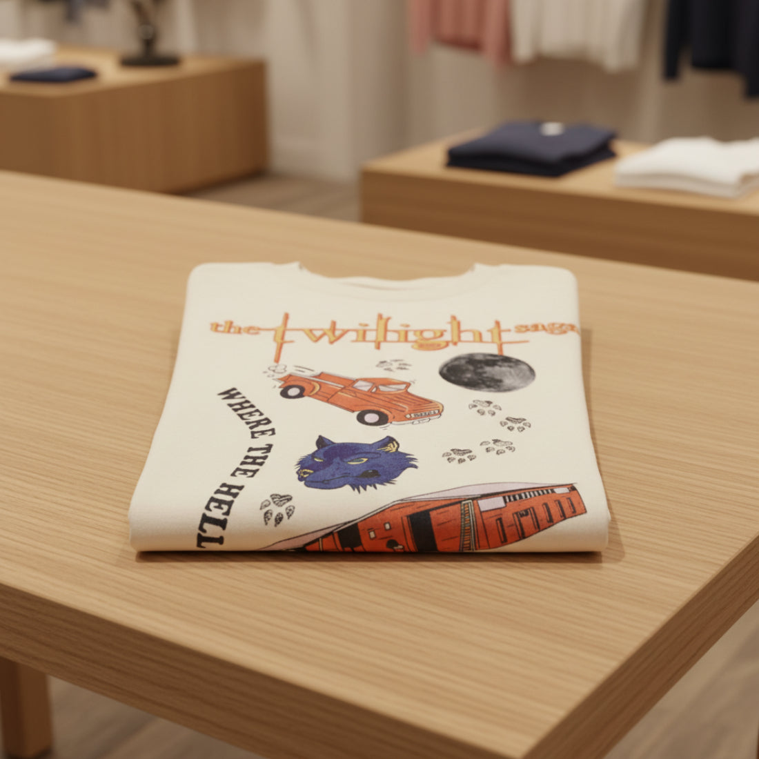 FOLDED Beige t-shirt with 'Twilight Saga' graphic design featuring a cat, truck, and text. TWI5145S, TWI5145M, TWI5145L, TWI5145XL, TWI5145XXL, TWI5145XXXL, TWI5145XXXXL