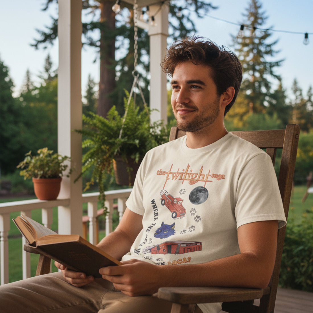 Man wearing Beige t-shirt with 'Twilight Saga' graphic design featuring a cat, truck, and text. TWI5145S, TWI5145M, TWI5145L, TWI5145XL, TWI5145XXL, TWI5145XXXL, TWI5145XXXXL