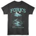 Black Twilight Saga t-shirt with 'Forks, Washington' graphic design featuring a mountain and trees.