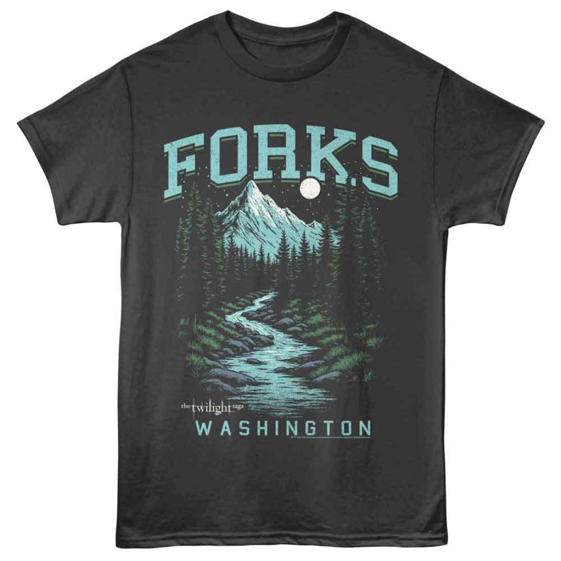 Black Twilight Saga t-shirt with 'Forks, Washington' graphic design featuring a mountain and trees.