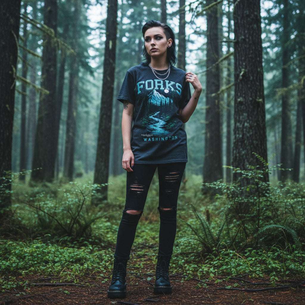 WOMAN WEARING Black TWILIGHT SAGA t-shirt with 'Forks, Washington' graphic design featuring a mountain and trees. TWI5146S, TWI5146M, TWI5146L, TWI5146XL, TWI5146XXL
