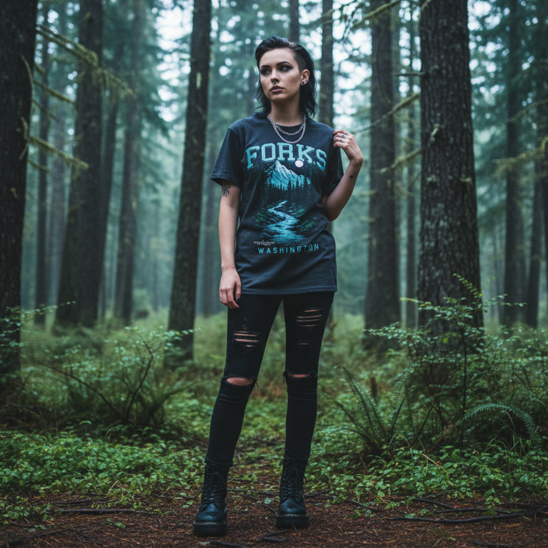 WOMAN WEARING Black TWILIGHT SAGA t-shirt with 'Forks, Washington' graphic design featuring a mountain and trees. TWI5146S, TWI5146M, TWI5146L, TWI5146XL, TWI5146XXL