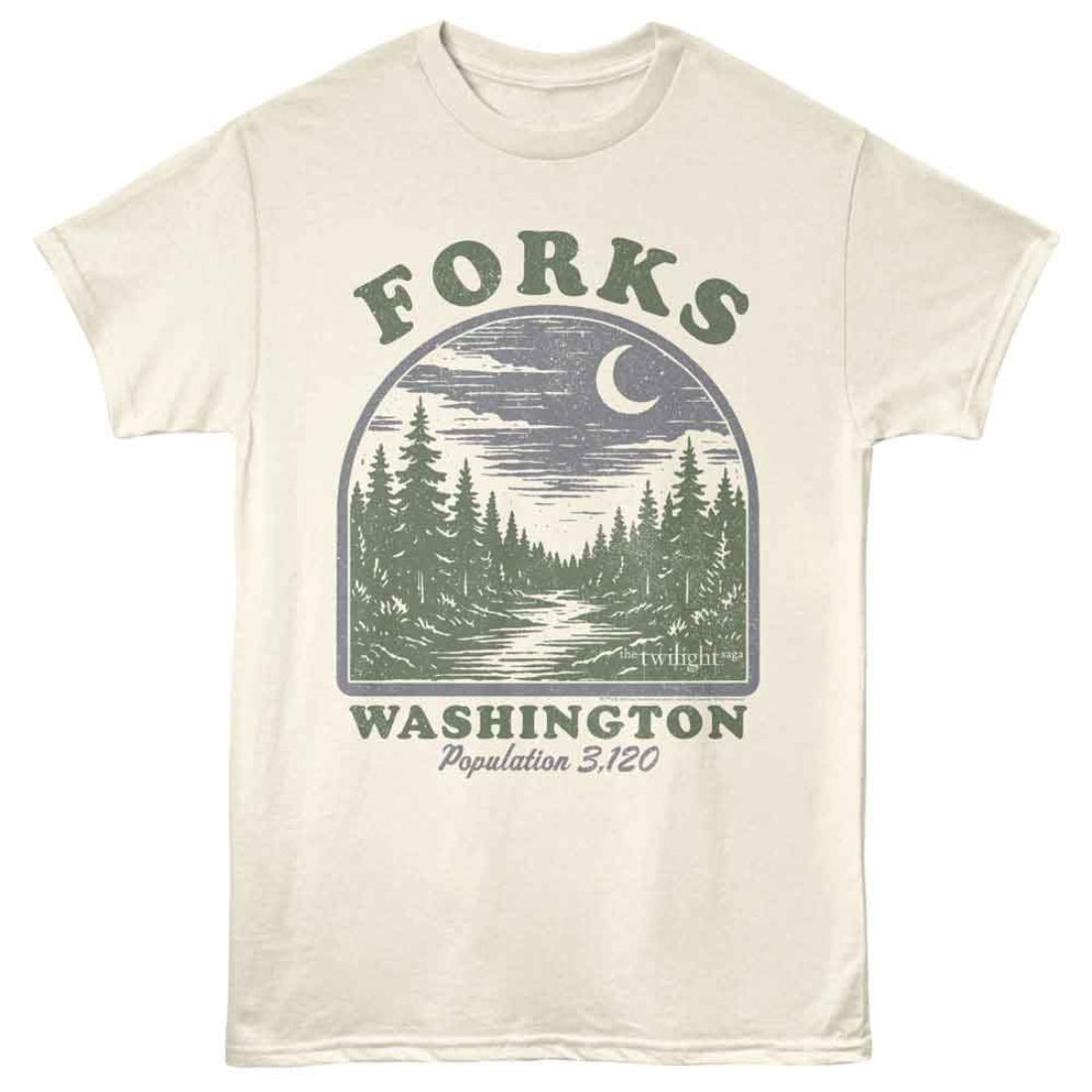 Beige Twilight Movie t-shirt with 'Forks, Washington' graphic design featuring trees and a crescent moon.