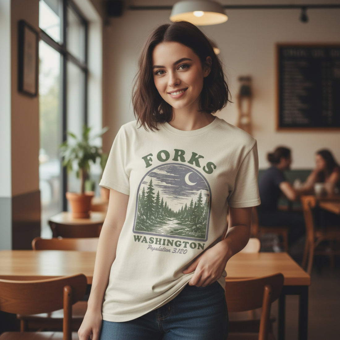 Woman wearing Beige Twilight Saga t-shirt with 'Forks, Washington' graphic design featuring trees and a crescent moon. TWI5147S, TWI5147M, TWI5147L, TWI5147XL, TWI5147XXL, TWI5147XXXL, TWI5147XXXXL