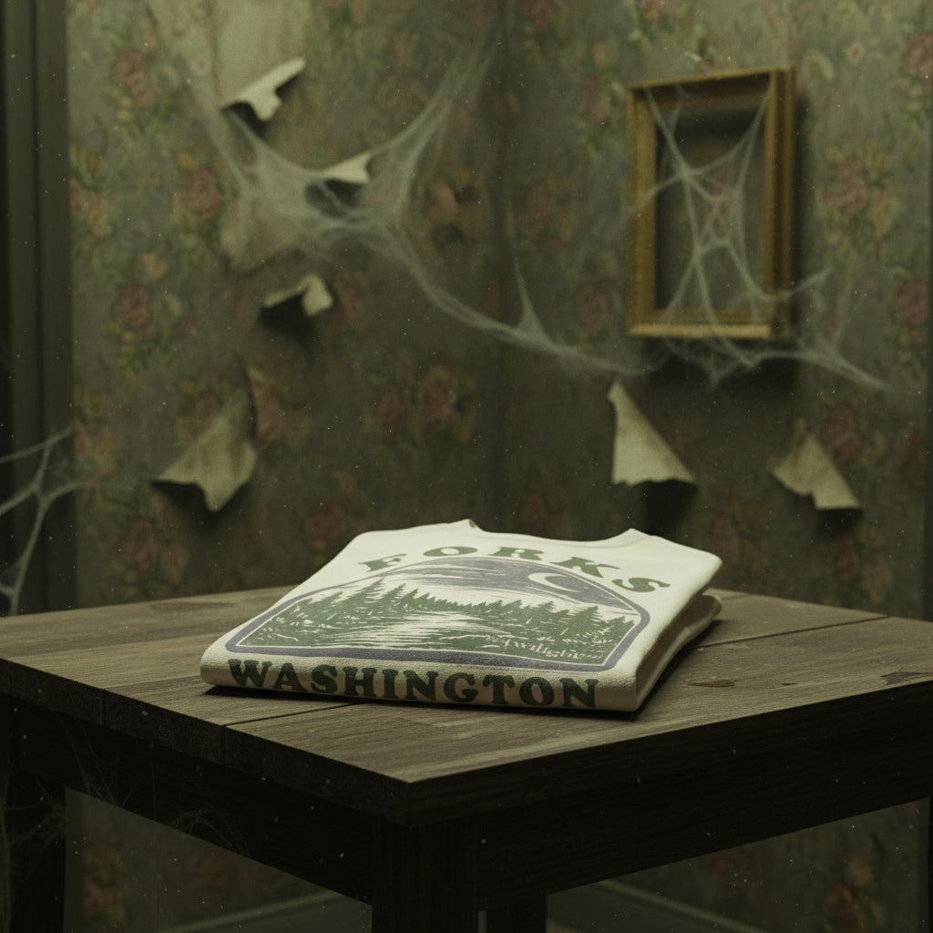 Beige t-shirt with 'Forks, Washington' graphic design featuring trees and a crescent moon folded sitting on a table. TWI5147S, TWI5147M, TWI5147L, TWI5147XL, TWI5147XXL, TWI5147XXXL, TWI5147XXXXL