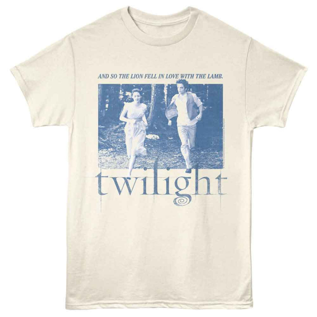 Beige Twilight Saga t-shirt with a graphic of two people running and text 'And so the lion fell in love with the lamb. Twilight'.