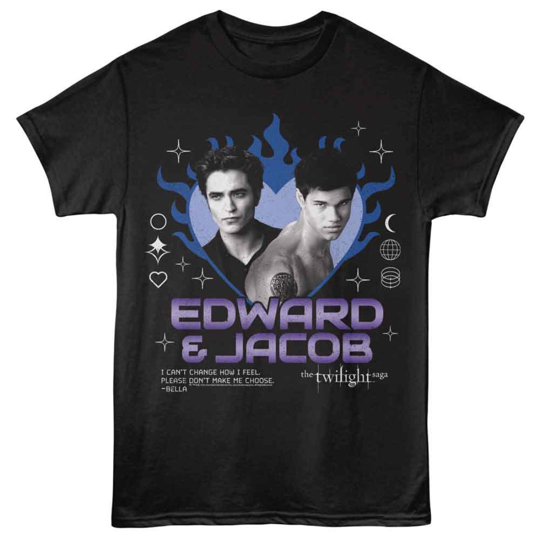 Black t-shirt with 'Edward & Jacob' design from 'The Twilight Saga' on a white background