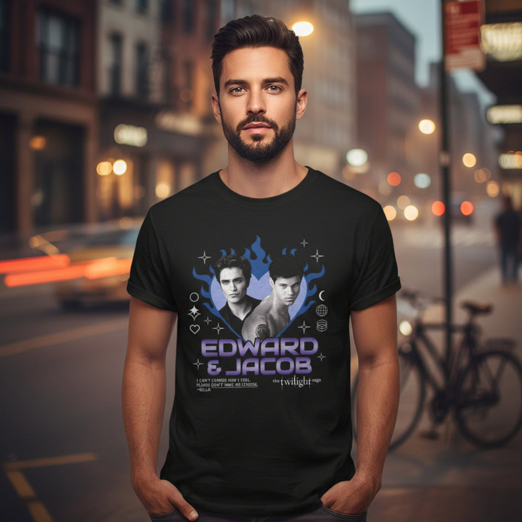 MAN WEARING Black t-shirt with 'Edward & Jacob' design from 'The Twilight Saga'  TWI5151S, TWI5151M, TWI5151L, TWI5151XL, TWI5151XXL, TWI5151XXXL, TWI5151XXXXL, TWI5151XXXXXL