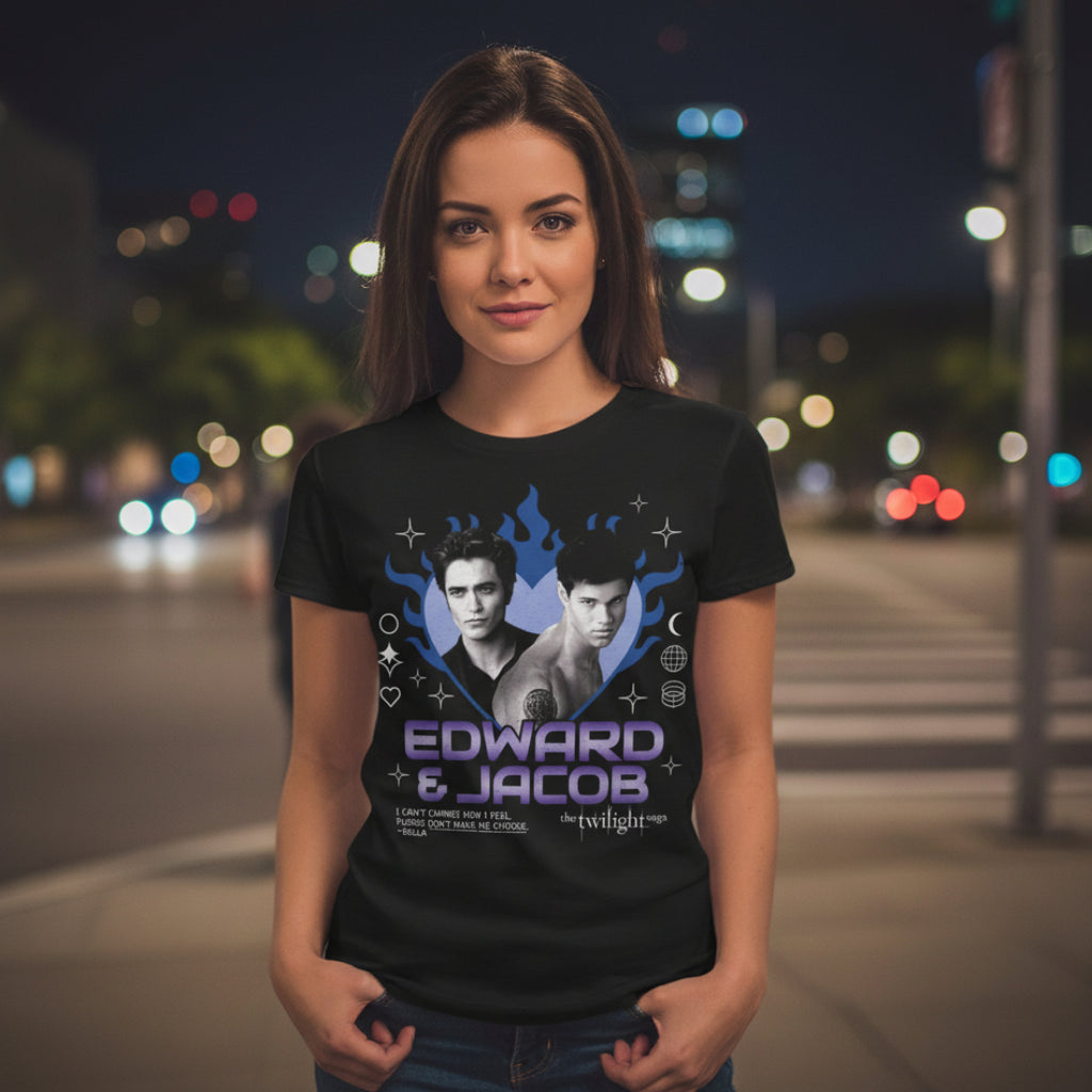 WOMAN WEARING Black t-shirt with 'Edward & Jacob' design from 'The Twilight Saga' TWI5151S, TWI5151M, TWI5151L, TWI5151XL, TWI5151XXL, TWI5151XXXL, TWI5151XXXXL, TWI5151XXXXXL