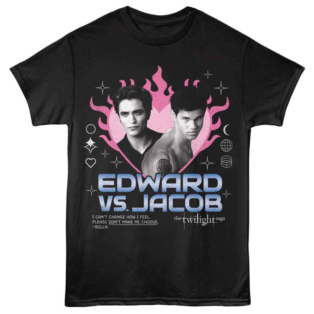 Black t-shirt with 'Edward vs Jacob' design from 'The Twilight Saga' on a white background
