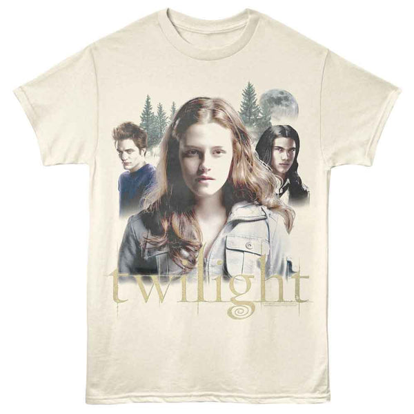 T-shirt with 'Twilight' movie graphic featuring three characters and the title.