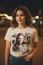woman wearing T-shirt with 'Twilight' movie graphic featuring three characters and the title. TWI5156S, TWI5156M, TWI5156L, TWI5156XL, TWI5156XXL, TWI5156XXXL, TWI5156XXXXL