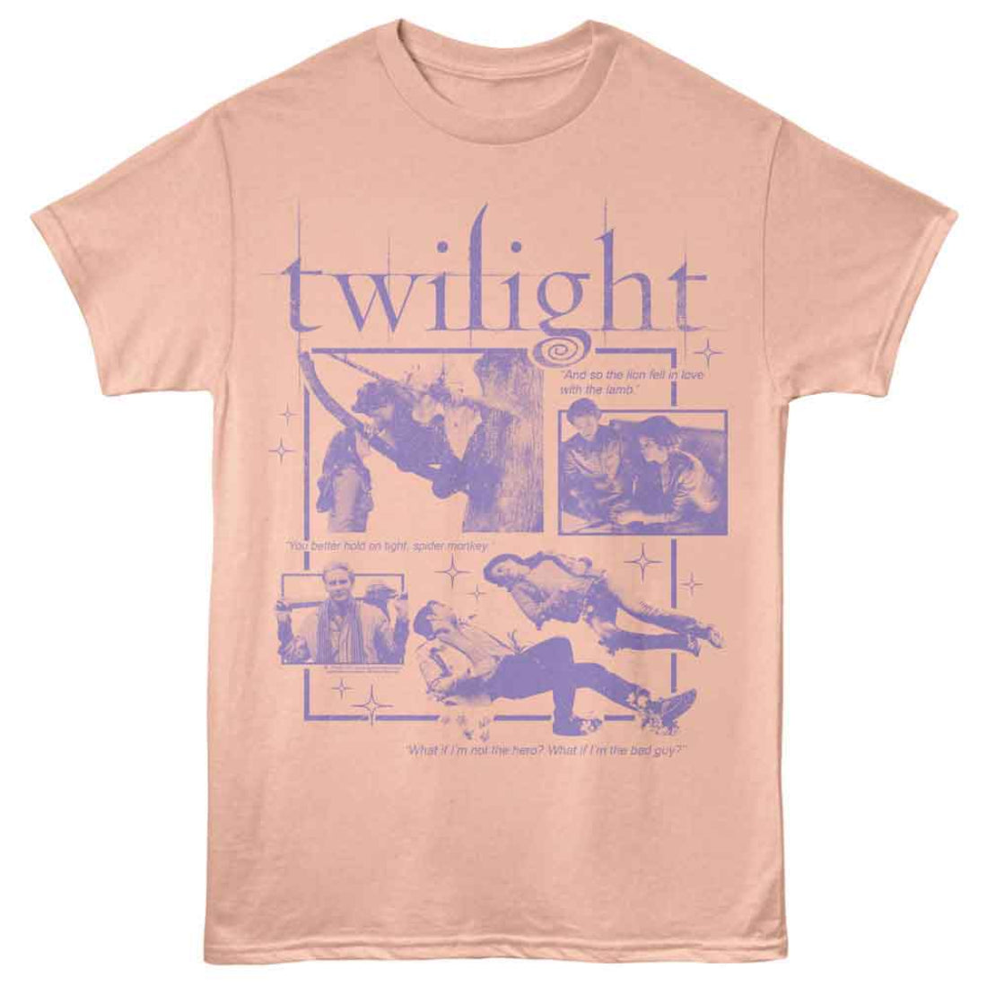 Pink t-shirt with 'twilight' graphic design on a white background