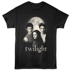 Black t-shirt with 'Twilight' movie graphic featuring three characters and a moon in the background.
