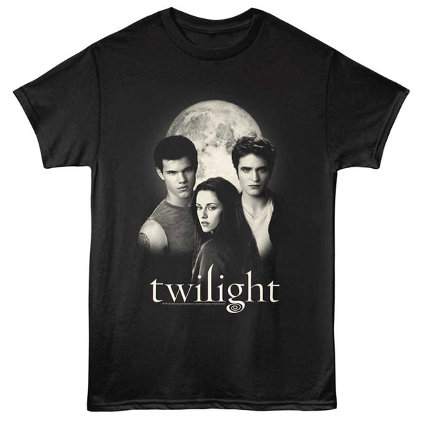 Black t-shirt with 'Twilight' movie graphic featuring three characters and a moon in the background.