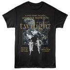 Black t-shirt with 'Twilight' movie graphic design featuring a couple and text.