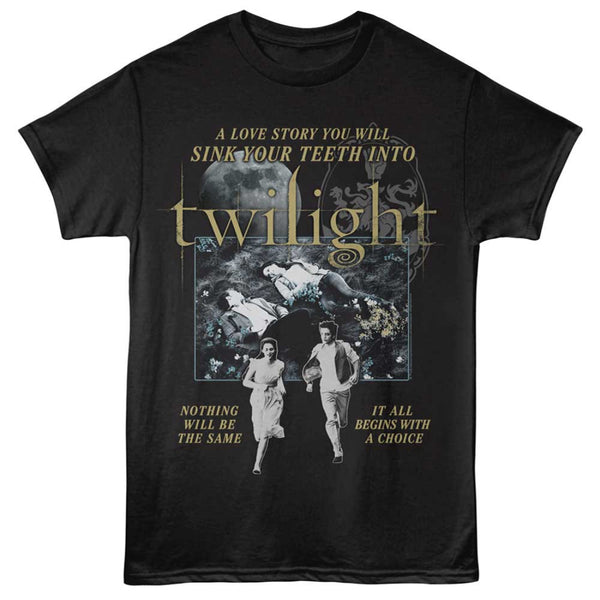 Black t-shirt with 'Twilight' movie graphic design featuring a couple and text.