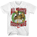White t-shirt with a graphic of a mummy and wreath text 'All wrapped up for Christmas' on a white background