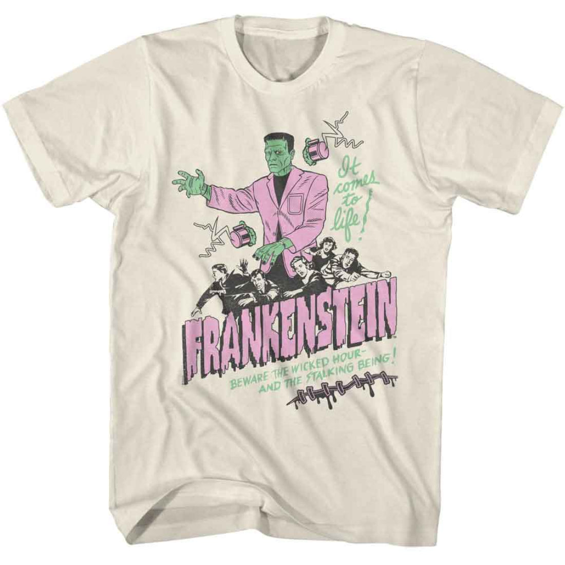 Beige t-shirt with Frankenstein graphic design on a white background