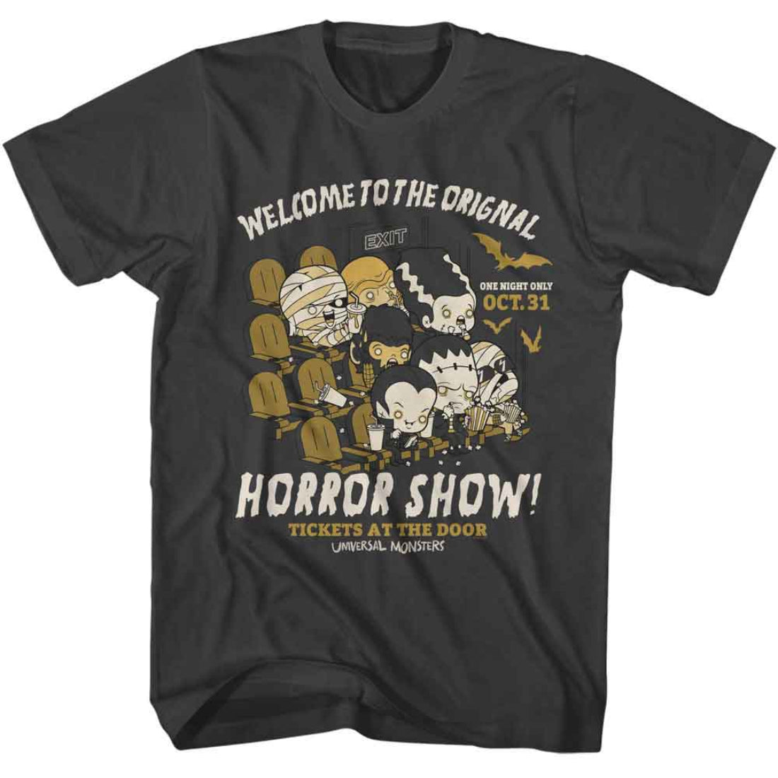 Black Universal Monsters Welcome to the Horro Show t-shirt with Halloween-themed graphic and text on a white background