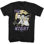 Black t-shirt with cartoon characters and 'Children of the Night' text on a white background
