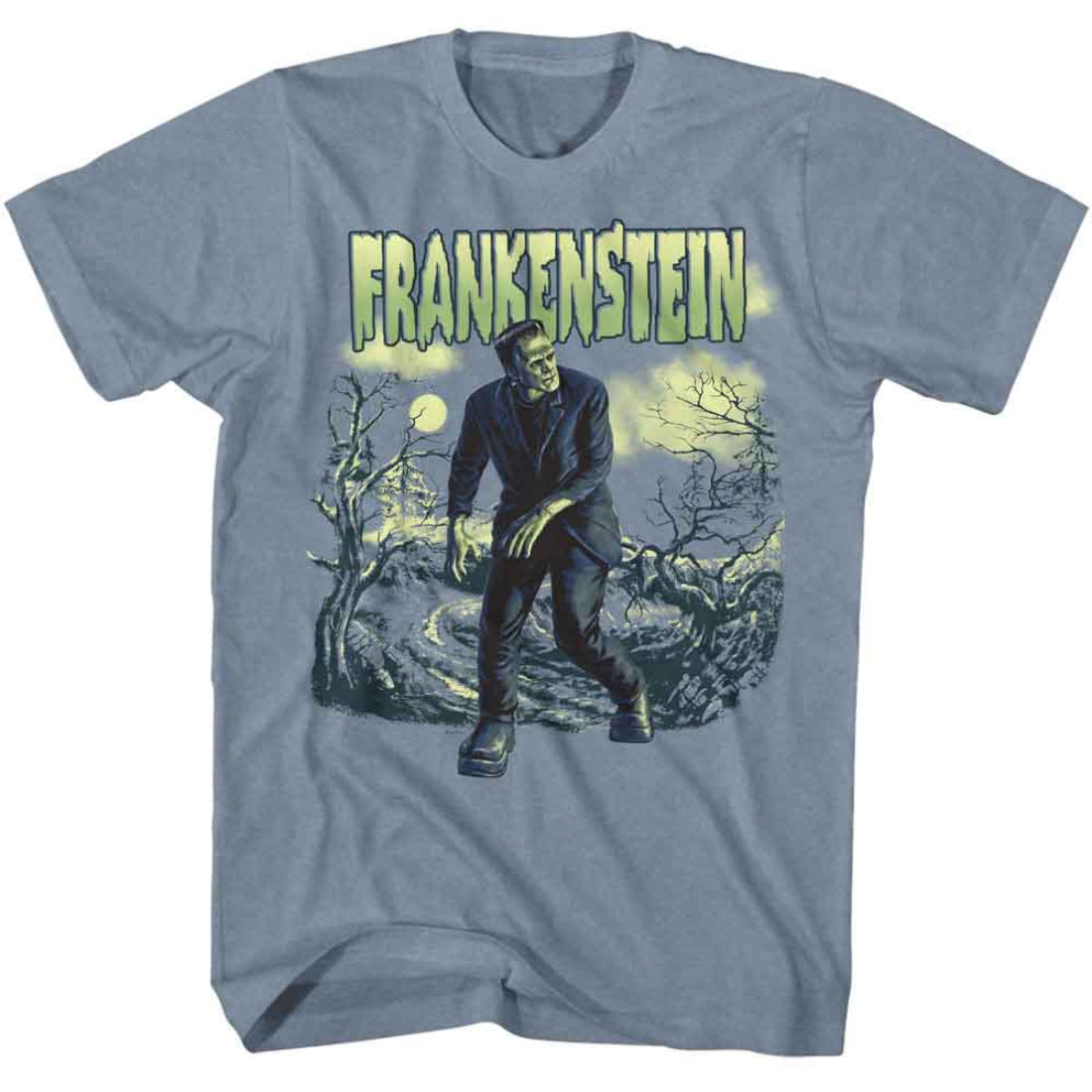 Gray t-shirt with Frankenstein graphic and 'Frankenstein' text on a white background