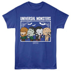 Blue t-shirt with cartoon Universal Monsters design on a white background