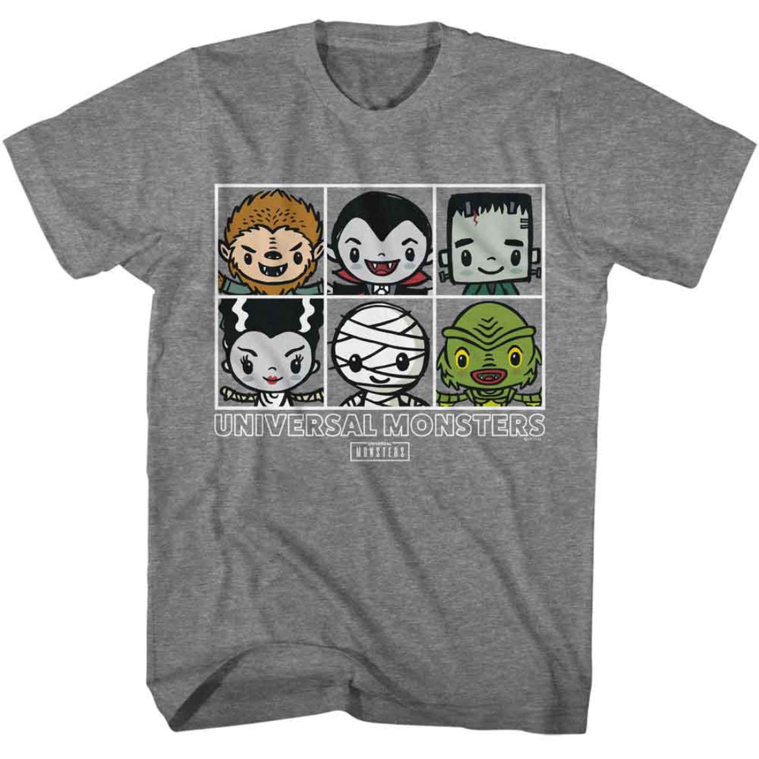 Gray t-shirt with cartoon character illustrations of Universal Monsters on a white background