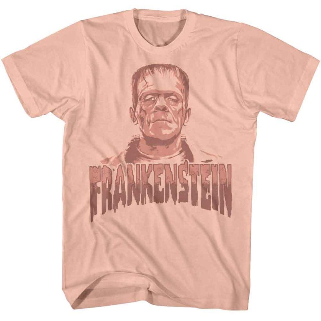 Pink t-shirt with Frankenstein graphic and text on a white background