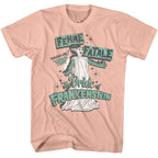 Pink t-shirt with 'The Bride of Frankenstein' graphic design on a white background