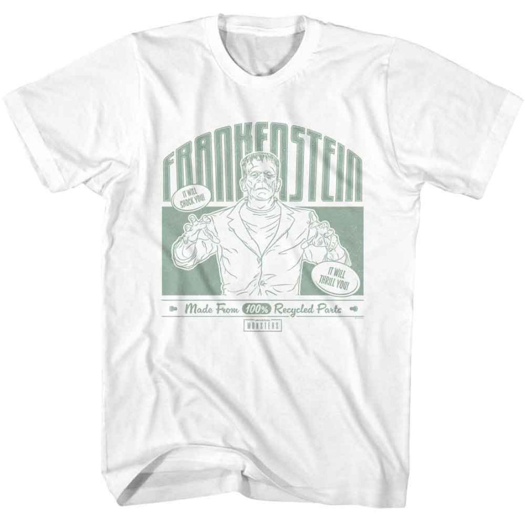 White t-shirt with Frankenstein graphic and text on a white background