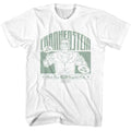 White t-shirt with Frankenstein graphic and text on a white background