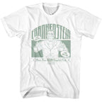 White t-shirt with Frankenstein graphic and text on a white background