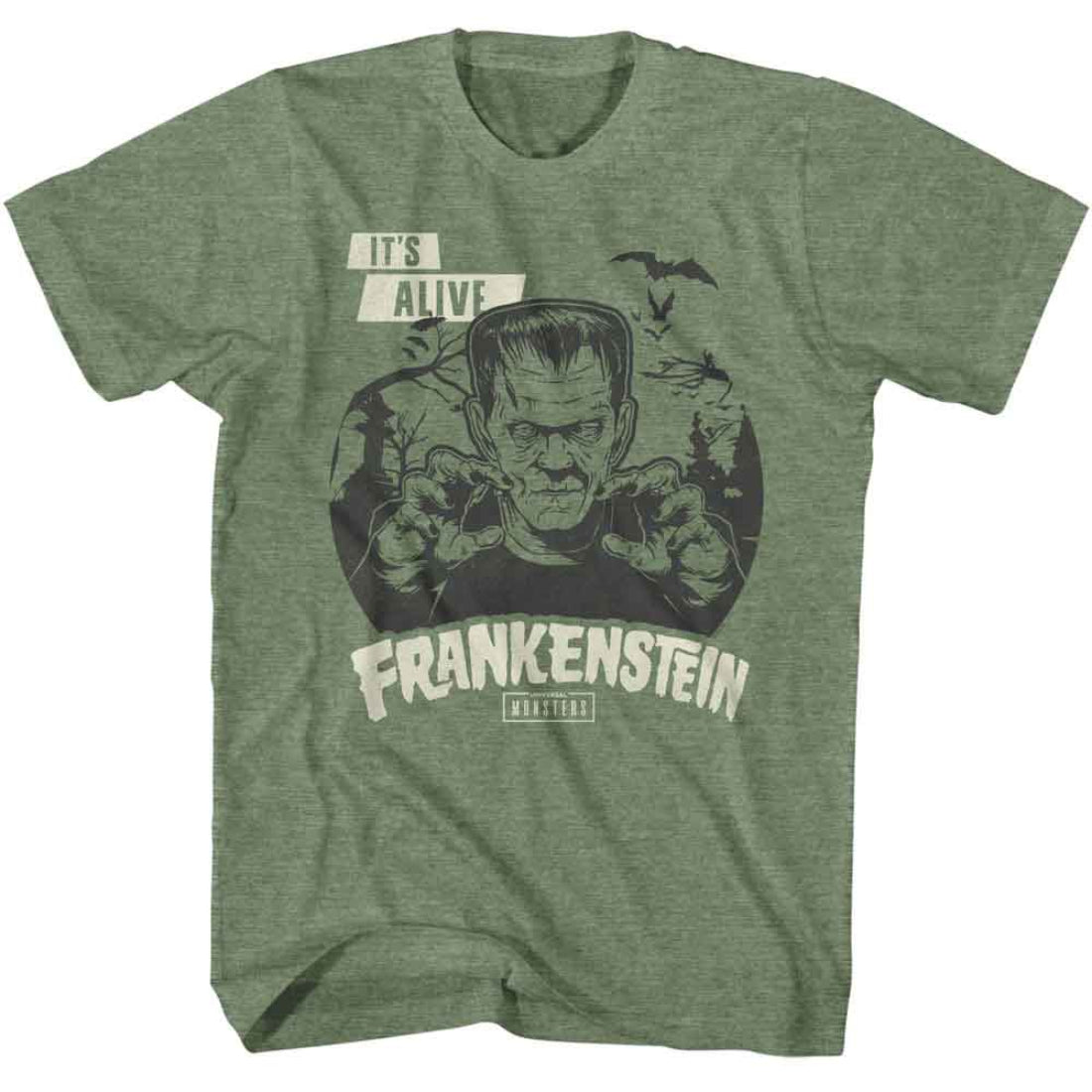 Green t-shirt with Frankenstein graphic and text on a white background