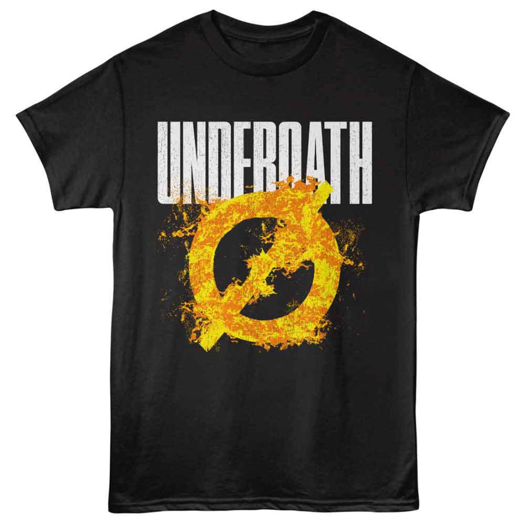 Black t-shirt with 'Underoath' logo featuring a yellow symbol on a white background
