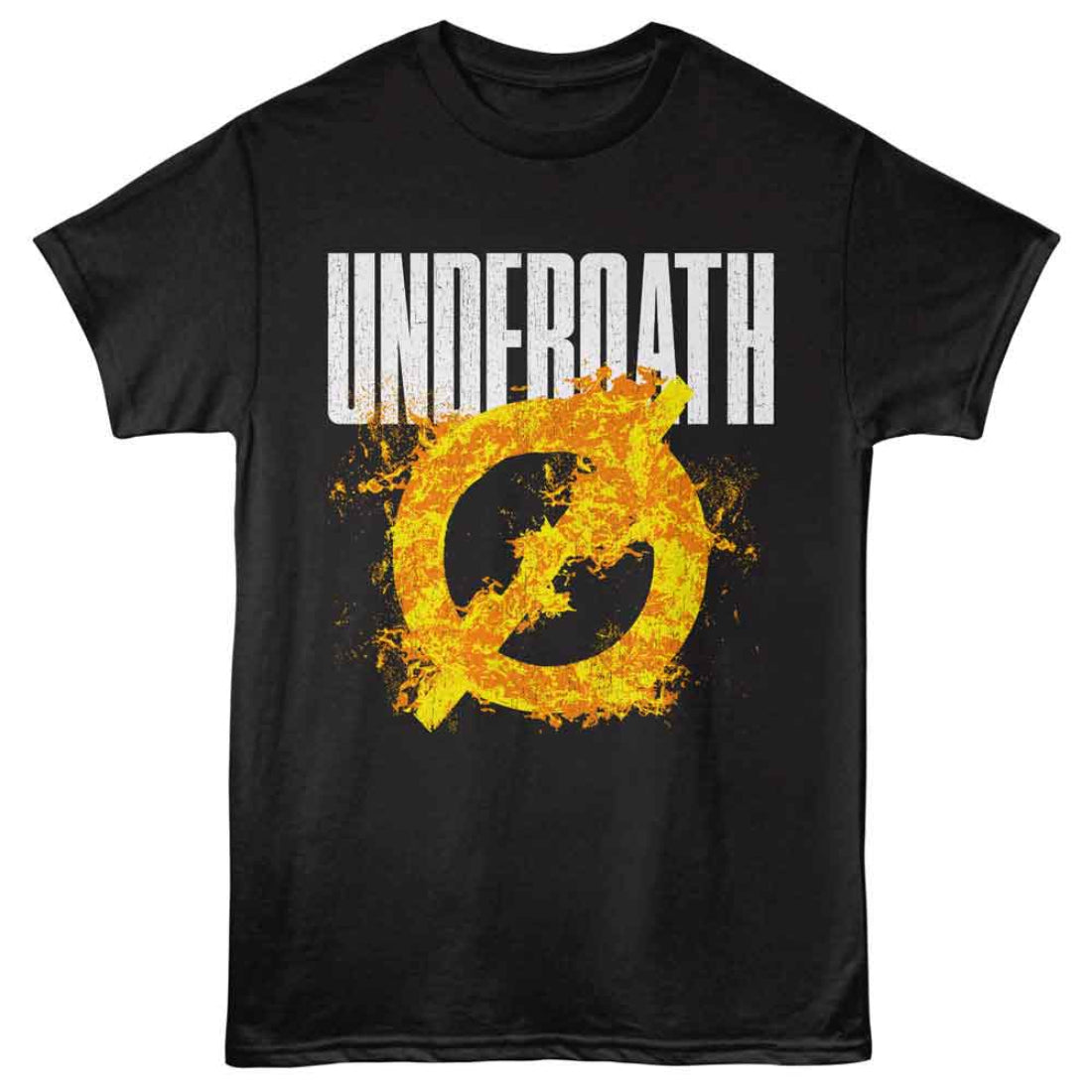 Black t-shirt with 'Underoath' logo featuring a yellow symbol on a white background