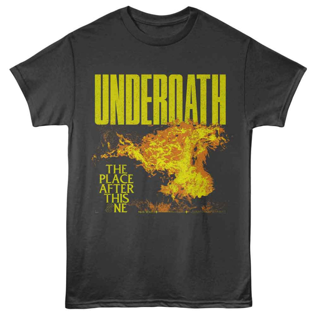 Black t-shirt with yellow 'UNDEROATH' text and graphic design on a white background