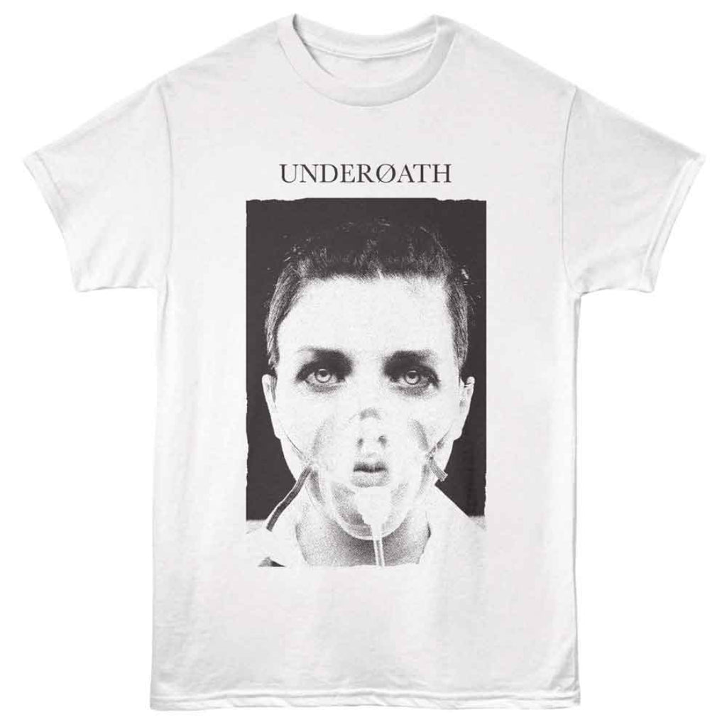 White t-shirt with a graphic design and 'Underoath' text on a white background