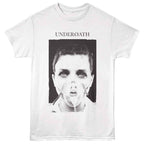 White t-shirt with a graphic design and 'Underoath' text on a white background