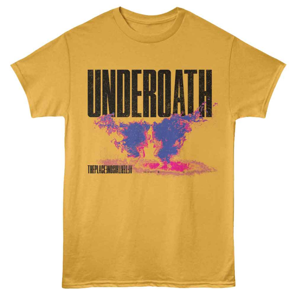 Yellow t-shirt with 'UNDEROATH' graphic design on a white background